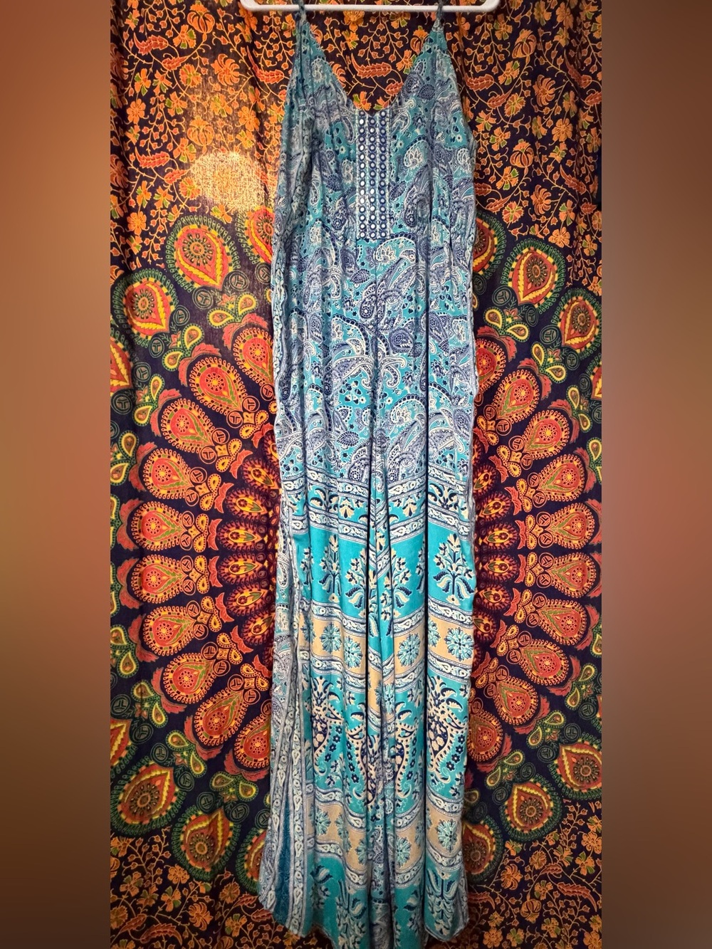 Turquoise Earthbound Trading Paisley Jumpsuit with Spaghetti Straps XL